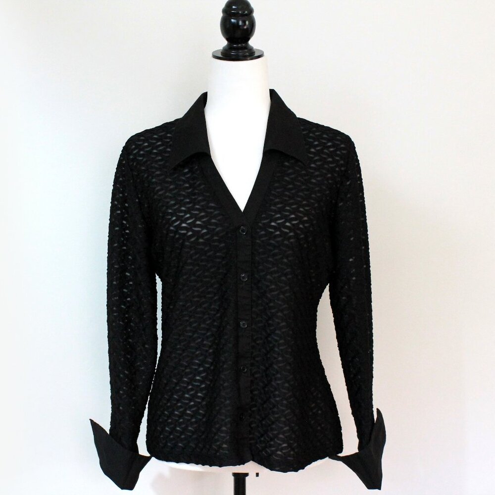 Vintage Black Whimsigoth Blouse Sheer 70s Turned Up Cuff Contrast Collar